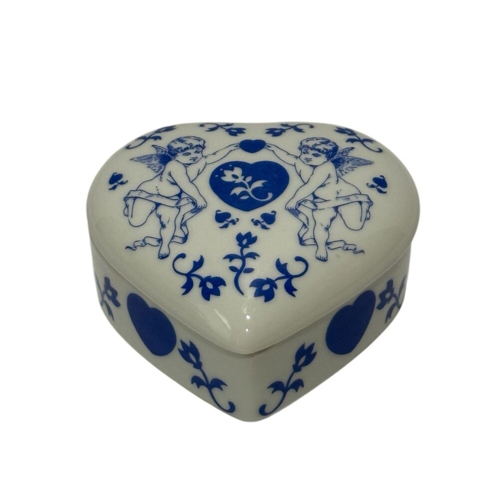 Vintage Heart Shaped Porcelain Romantic Cherub Floral Trinket Box